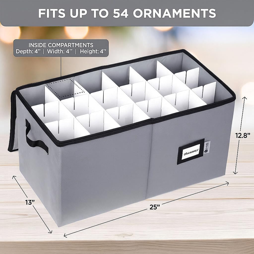 Christmas Ornament Storage Container with Dividers - Box Stores Up to 54 Ornaments. Zippered. Convenient. Adjustable. Large Organizer Bin to Protect Holiday Décor. Fits Most Standard Size. Grey - Image 3