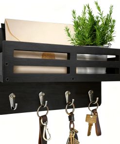 Key Holder Wall Mount. 10 inch Decorative Key and Mail Holder for Wall. with Mail Organizer & 4 Key Hooks. Rustic Wooden Key Rack for Hanging Dog Leash Sunglasses. Entryway Key Hanger. Black